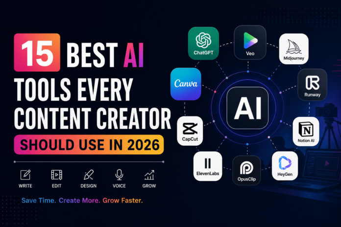 AI tools for content creators: writing, video editing, image generation, and social media content creation in 2026.